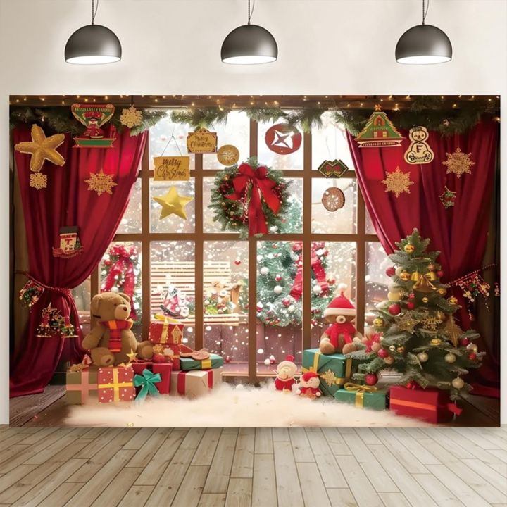 Christmas Backdrop Windowsill Snow Wooden Wall Red Curtain Christmas ...