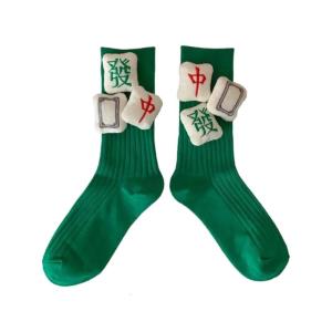 Womens Mahjong Themed Middle Calf Socks With Bright Color Ribbed Crew Socks for Casual Wear or Creative New Year Gift