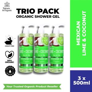 Natureal Organic Mexican Lime & Coconut Energizing Shower Gel (3x500ML) Body Wash with Essentials Oil for Aromatherapy Calming Mind Relax