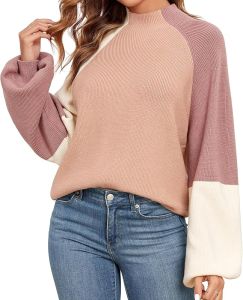 Upopby Womens Fall Winter Color Block Sweaters for Women Trendy Turtleneck Lantern Sleeve Knitted Sweater Jumper Tops