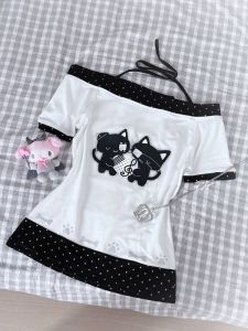Japanese-style sweet and spicy girl one-shoulder halter top with short sleeves T Womens summer short-sleeved slim-fit top with a cat print and patchwork design ins