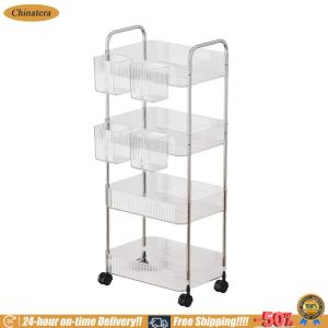 【24 hours delivery】 4 Tier Mobile Storage Shelf with Hanging Basket Sundries Organizer Transparent Bathroom Shelf for Kitchen Bathroom