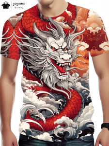 Fashion Dragon Printed T-Shirt Mens Summer Outdoor Mens Short Sleeve Tee Sports Round Neck Mens Clothing Oversized Mens Tops