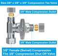 Brass Angle Stop Add-A-Tee Valve for TOTO Washlet Bidet and Handheld Sprayer, 3/8 Inch Compression Shut Off 3 Way Diverter Connector, 3/8"x3/8"x3/8" or 1/2" Toilet T Adapter. 