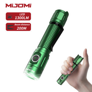 MIJOMI Flashlight Green J81 1300 Lumens high brightness flashlight 2600mAh USB-C Rechargeable Flashlight IP68 Waterproof LED Torch 200m Long Beam Distance portable Flashlight Tactical flashlight with holster bag For Tactical Games hiking
