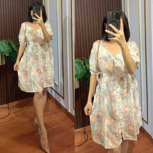 Dress rayon selutut busui friendly bumil seksi kancing full baju tali samping