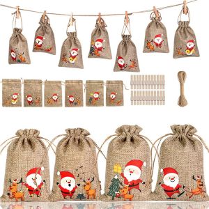 CURRANT 24Pcs/Set Jute Burlap Christmas Linen Bags Reusable Small Treat Candy Bags Cartoon 38 Patterns Christmas Drawstring Pouch Xmas Party Favors Supply