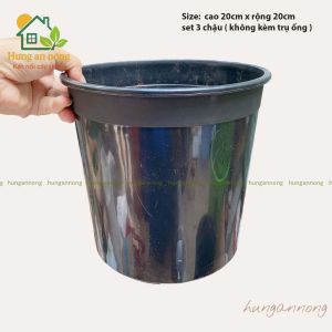 TKTVN- Set 3 Chậu tròn đen thiết kế đáy chậu có cái gờ gắng được ống trụ chuyên trồng cây dây leo size 18cm-20cm