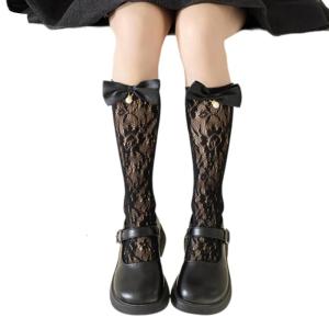 Sweet Bowknot Middle Tube Socks Comfortable Hollowed Piled Up Socks Solid Color In Tube Socks for School and Festivals