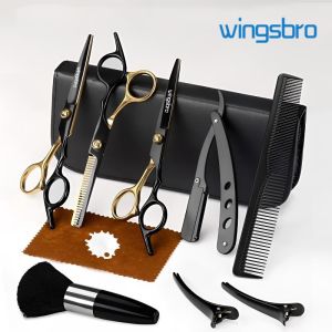 wingsbro Hair Scissors11Pcs Professional Black Gold Hair Cutting Scissors Shears SetsStainless Steel Barber Scissors SuppliesStraight Shears Thinning Shears Haircut Sets for Home Salon