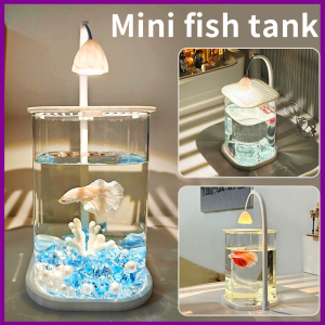 Betta Fish Mini Aquarium Fish TankCreative Scene Glass Tank with Decorations LED Lighting