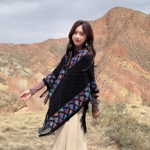 NALANILI Winter Warm Knitted Pullover Shawl Ethnic Style Elegant Rhombic Stripe Tassel Shawl Fashion Coat Overlays For Women