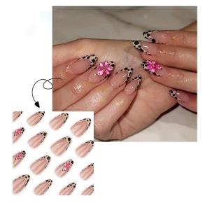 Press on Nail Short Almond Acrylic Autumn Winter Leopard Floral Designs Nail Stick on Nail For Fashion Women And Parties