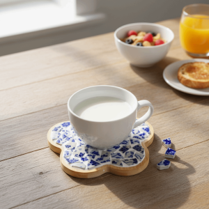 GAOSU Chinese Style Blue White Porcelain Coaster Material Kit Bamboo Base Heat-resistant Mosaic Coaster Material Kit Traditional Wear-resistant Blue White Porcelain Placemat Gift
