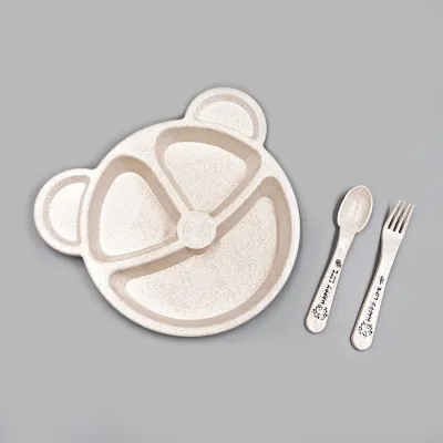 Cute Design Kids Wheat Straw Cartoon Childrens Divided Dinner Plate Kindergarten Student Tableware Plate Set 3 pcs Set With Fork