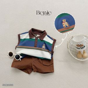 Set bộ polo kẻ ngang tanktop thêu gấu cho bé trai kèm quần short jean 9 kg đến 28kg BERNIE H0125B35