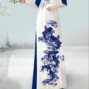 [HCM]ÁO DÀI TRUYỀN THỐNG IN HỌA TIẾT CÁ CAO CẤP - không kèm quần