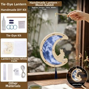 BURKEE Retro Tie Dyed Lanterns Rabbit Shape Classical Wooden Handheld Lanterns Creative Handmade Glowing Lanterns Mid-Autumn Festival