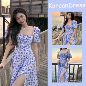 KoreanDress พร้อมส่งจากกทม มาถึงใน 3-5 วัน เดรสผู้หญิงเดรส ชุดเดรสสีฟ้าลายดอกไม้แขนพัฟฝรั่งเศสหวานและอ่อนโยน
