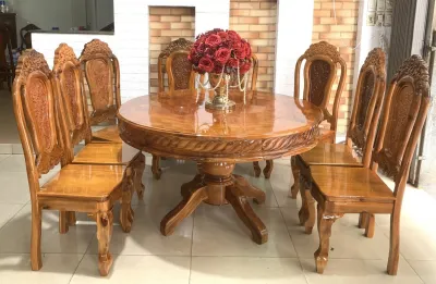 Bộ bàn ăn tròn gỗ tràm Bàn ăn tròn cao Cấp 6 ghế và 8 ghế bộ bàn ghế phòng ăn nhà bếp hỗ trợ trả góp không mât phí