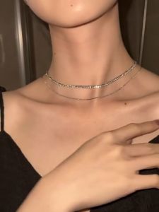 Rantai Leher 碎银子双层项链 Double Layer Silver Necklace 女轻奢小众设计感锁骨链 Elegant Clavicle Fashion Jewelry
