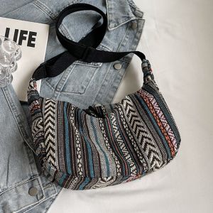 ANANAA Tribal Style Shoulder Bag Striped Pattern Zipper Closure Crossbody Bag Fashion Canvas Messenger bag Women