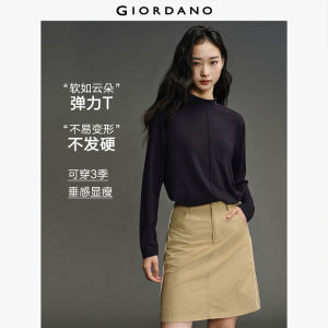 Giordano Women Brand print mock neck long sleeve t-shirt Free Shipping 12325011