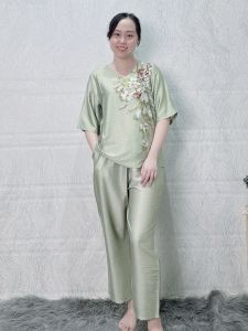 E228 Đồ bộ mặc nhà trung niên lụa Latin tay lở quần ống suông dài 9 tấc đồ mặc nhà trung niên size lớn từ 50 - 75 kg