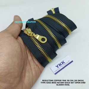 Resleting Zipper YKK 50 cm Atau 20 inch Type Gigi Besi Hitam Gold Slider Oval Set Open End Harga Per Biji