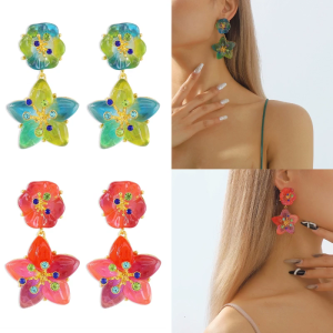 Geometric Flower Resin Ear Studs in Green Unique Dangle Earring Charming Star Pendant Earring for Women Girl Teen Gift