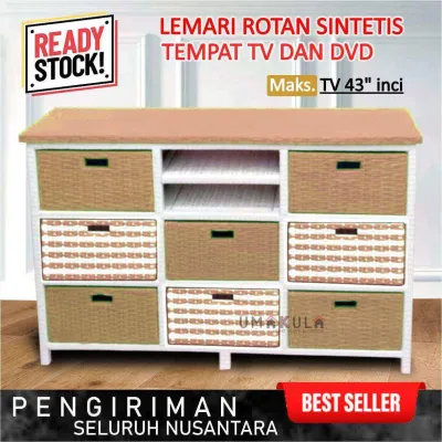 Meja TV 43 Inci Rotan Sintetis 8 Laci Rak Lemari Bufet Buffet Ruang Tamu Serbaguna Modern Minimalis