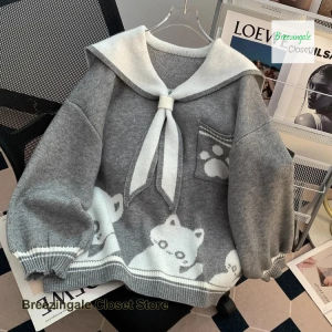 Áo khoác kiểu dáng thời trang mới cho nữ mùa xuân thu và đông áo len cổ áo hải quân Hàn Quốc phong cách đại học mèo con dễ thương thiết kế thời trang rộng rãi.