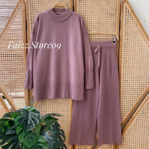 Oneset Dafa Blous Knitwear Kancing Motif Polos Setelan Celana Kulot Rajut Wanita Premium Kekinian