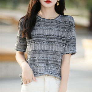 Womens T-Shirt Summer 100% Cotton Sweater Short Sleeve Striped Knitted Round Neck Ladies Tops Loose Blouse Pullover Tees2026