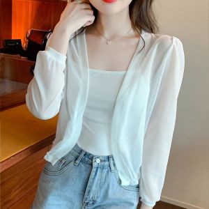 Impression Fashion Women Elegant Korean Chiffon Plain Long Puff Sleeve Short Sun-protective Shawl Cardigan