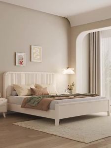 ⚡Cream Style Leather And Solid Wood Bed Frame Modern Storage Beds Small Solid Wood Bed Frame Queen And King Size