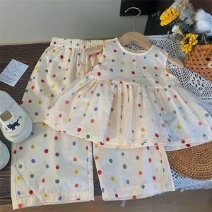 Bear Leader Summer Sleeveless Dots Vest Mesh Top and Colorful Dot Wide Leg Pants 2 Pieces Suits for Baby Girls Clothing Casual Outfits Sets 3-7 Years