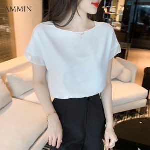 AMMIN Korean style mesh stitching short-sleeved chiffon shirt 2022 summer is fashionable temperament loose large size square neck chiffon shirt casual puff sleeve Blouse