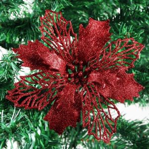 1/5/10PCS 5.5*5.5IN Poinsettia Flower with Stems Artificial Poinsettia Christmas Decorations Glitter Poinsettias Christmas Ornaments Christmas Tree Flower Decorations DIY Xmas Wreath Holiday Weed Home Party Decor