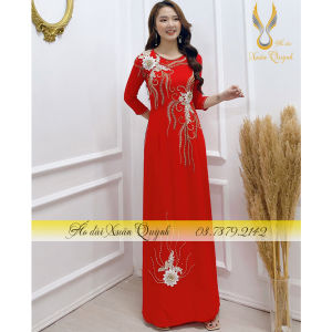 Áo Dài Dạ Hội Đính Đá Sang Trọng Thêu Dải Hoa Trắng M02 Đỏ Tươi - Áo Dài Xuân Quỳnh