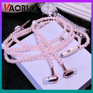 VAORLO Hot Deals Pearl Necklace Earphone Original High Quality 3.5mm In-Ear Pink Rhinestone Necklace Jewelry Beads Wired Earphones Handfree Headphone With Mic For Android Samsung Xiaomi OPPO Brithday Girls Gifts Universal Headset