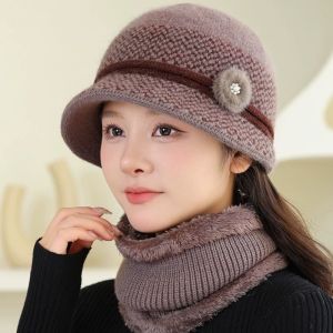 ZYJC Trang trí hoa Mũ mùa đông cho phụ nữ Dày hơn Lót lông thú Mũ len ấm áp Thời trang Nhiệt Mũ lông thú mềm mại Mùa đông