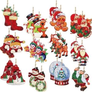 18Pcs Christmas Tree Wooden Hanging Ornaments Cute Snowman Flat Wooden Pendants Xmas Home Decor