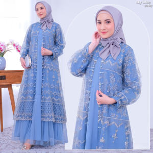 Gamis Set Outer Terpisah Miska Dres 2 In 1 Bahan Skirt Mix Tile Aplikasi Payet Dress Brokat Wanita Jumbo Kekinian Baju Muslim Lebaran Viral Terbaru