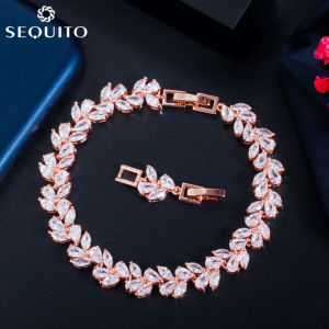 SEQUITO Shiny Clear Pear Leaf Shape Cubic Zirconia Engagement Wedding Jewelry Luxury Women Charm Bracelet Bangle for Bridemaid Gift B096