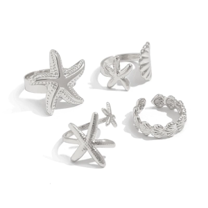 4pcs Summer Set Adjustable Oceanic Rings Starfish & Shell Design Womens Fashion Alloy Rings Gold Silver Tones