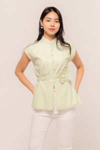 RIMINI - Atasan Wanita Brockat Mewah Flower Belted Size XS-XL - Agracia Top CC32206