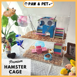 (Ready Stock) Transparent Premium Hamster Cage Habitats Acrylic Made 3 level with accessories toys modern luxury design bedroom bathroom running hamster wheel DIY cage for small pet