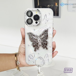 Case Silver Aurora butterfly with Diamond Strap for IPHONE 11 12 13 14 15PRO/PROMAX/PLUS S12