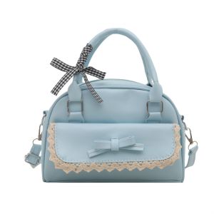 CRNGW ริบบิ้นลูกไม้ กระเป๋าถือบอสตัน หนัง PU ซิป กระเป๋าสะพายไหล่โบว์ แฟชั่น แบบเกาหลี กระเป๋าโบว์ลิ่งแบบสะพายข้าง ผู้หญิง